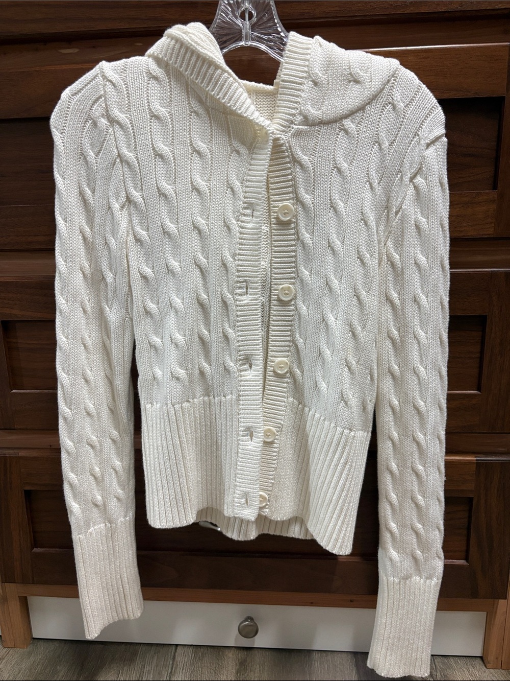 John Galt White Cable-Knit Button Hoodie Sweater